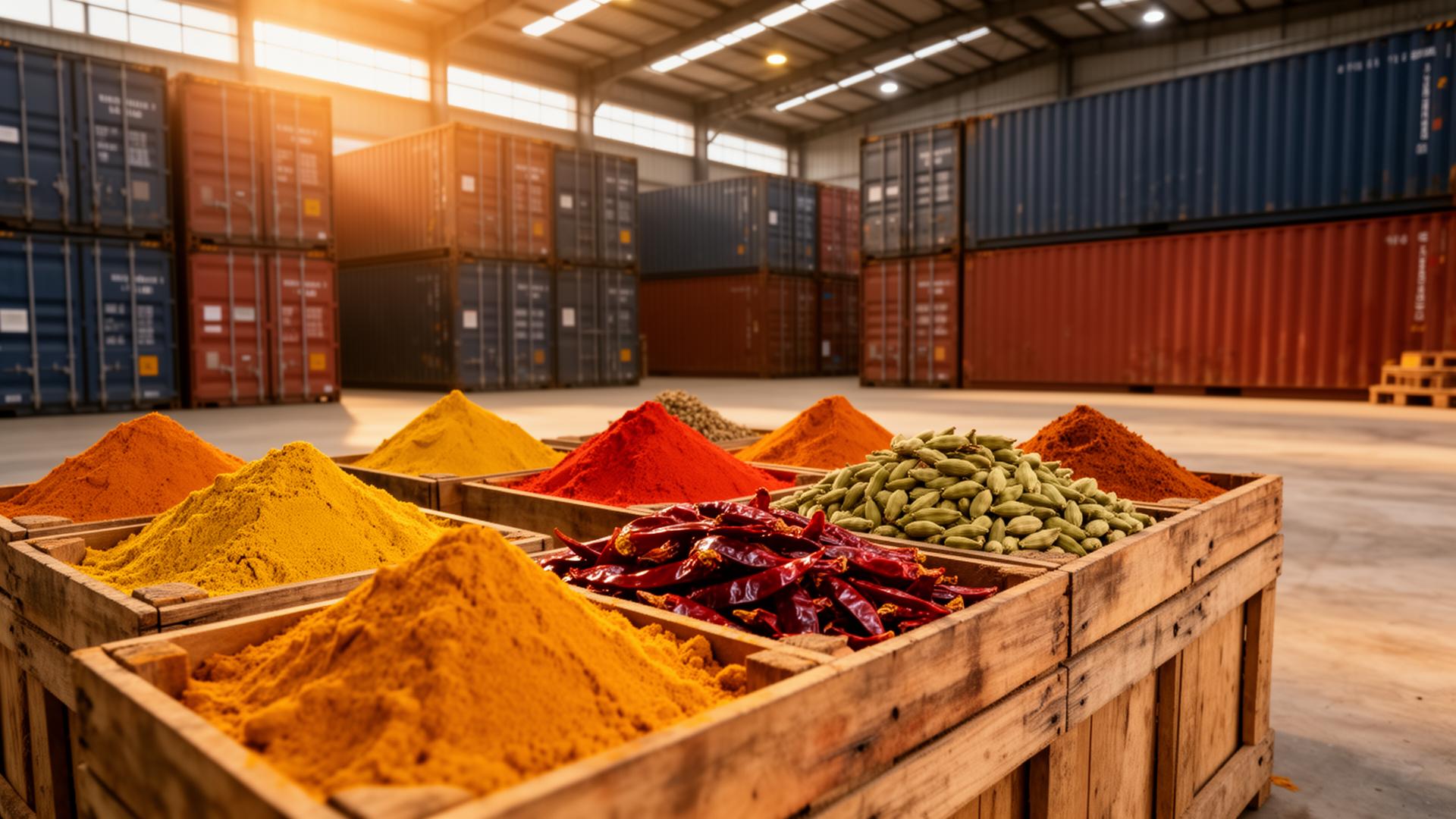 Indian spices in a shipping warehouse ready for Worldwide export